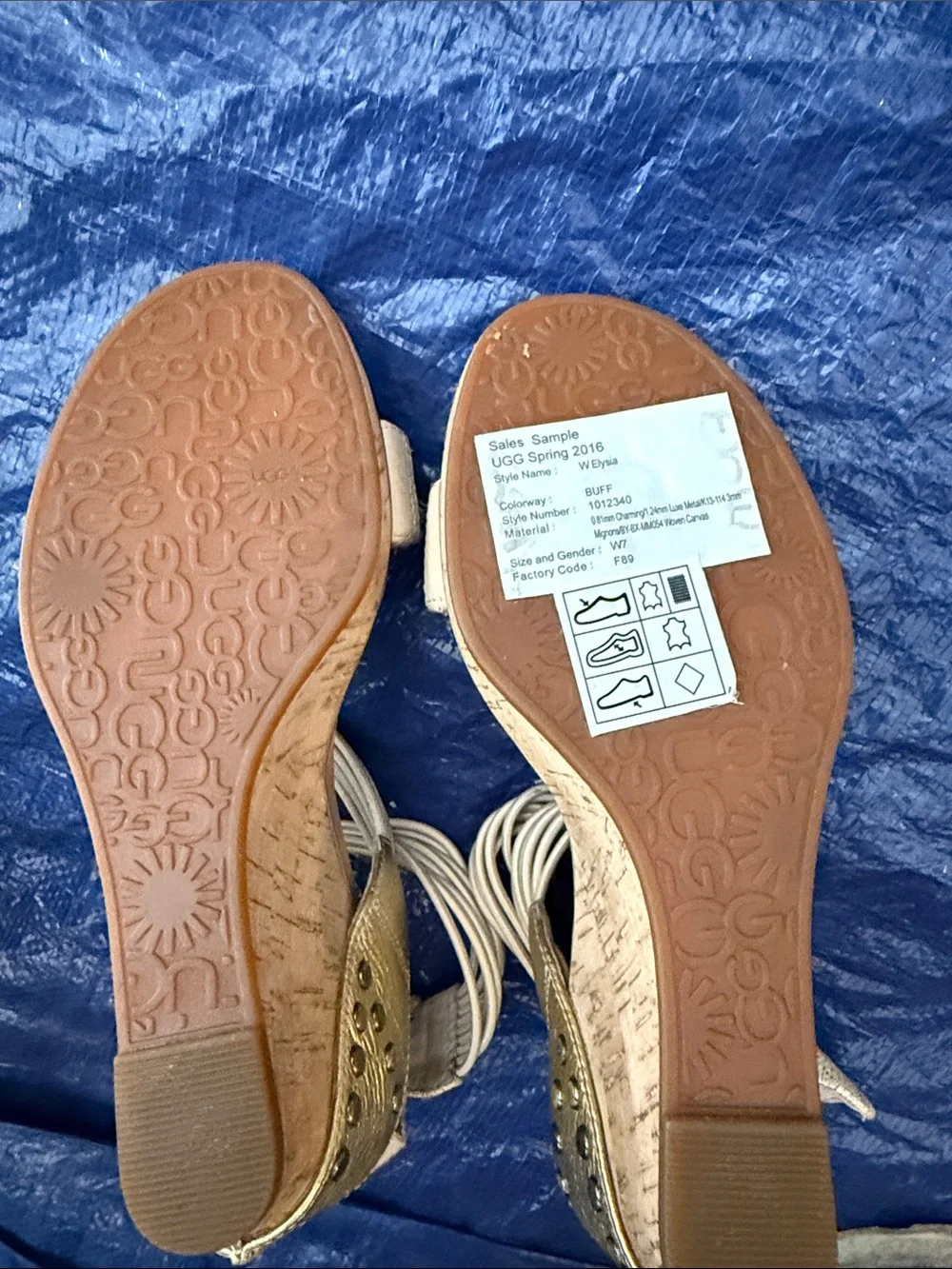 UGG Beige Cork Wedge Sandals with Metallic Ankle Cuff